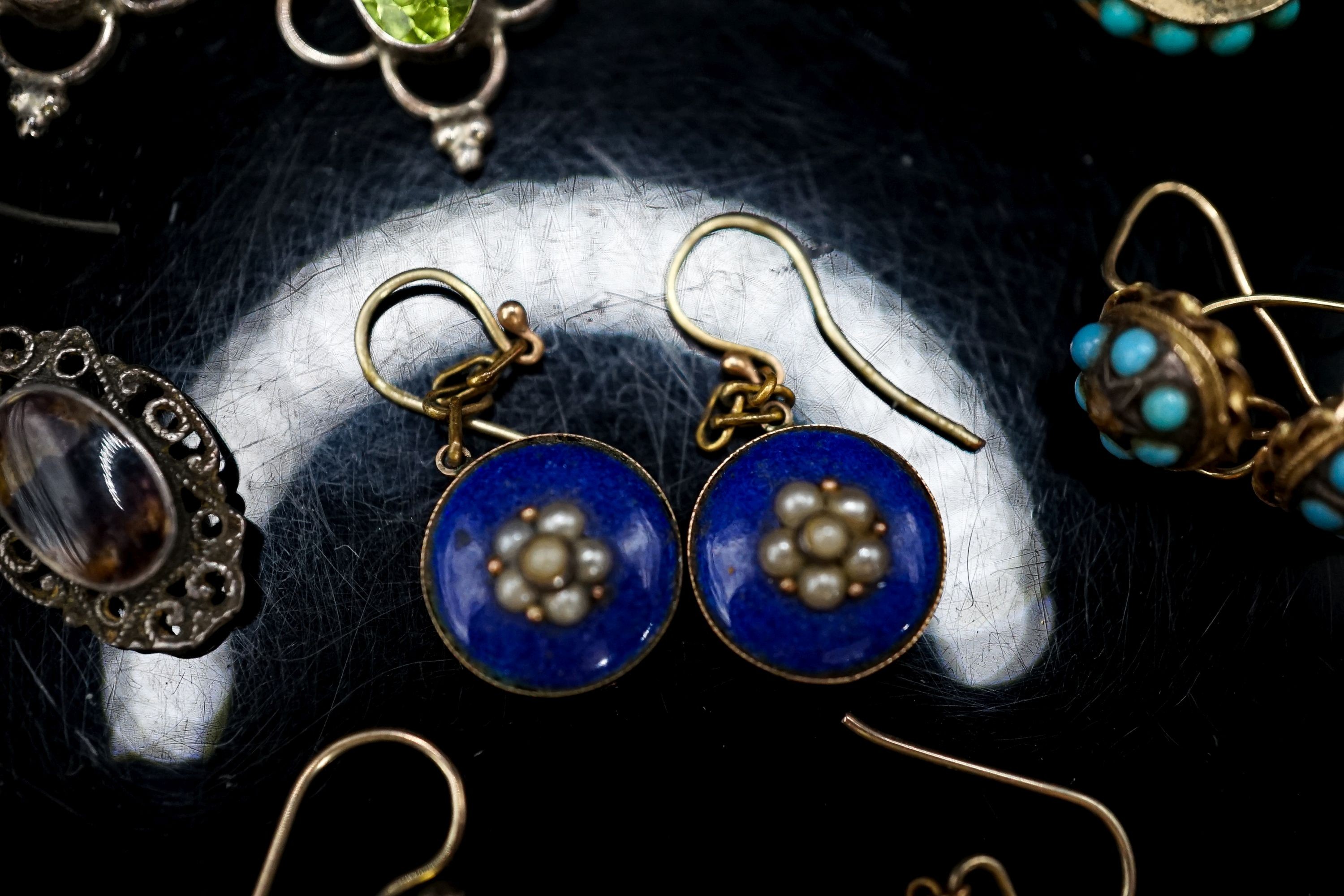 Eight assorted pairs of Victorian and later earrings including yellow metal and coral set, one odd earing and a pendant and two chains (some a.f.).